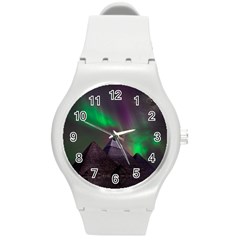 Aurora Stars Sky Mountains Snow Aurora Borealis Round Plastic Sport Watch (m)