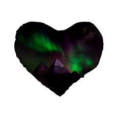 Aurora Stars Sky Mountains Snow Aurora Borealis Standard 16  Premium Heart Shape Cushions by Grandong