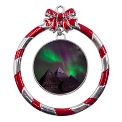 Aurora Northern Lights Phenomenon Atmosphere Sky Metal Red Ribbon Round Ornament by Grandong