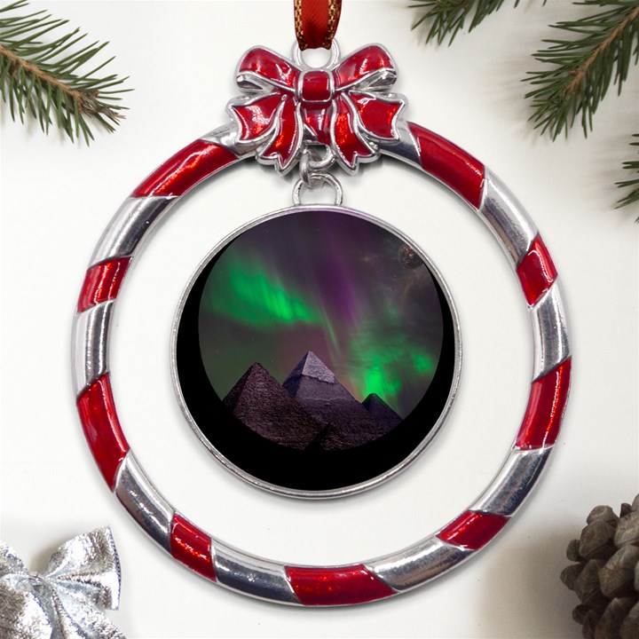 Fantasy Pyramid Mystic Space Aurora Metal Red Ribbon Round Ornament