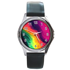 Rainbow Colorful Abstract Galaxy Round Metal Watch by Ravend