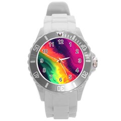 Rainbow Colorful Abstract Galaxy Round Plastic Sport Watch (l) by Ravend