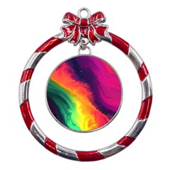 Rainbow Colorful Abstract Galaxy Metal Red Ribbon Round Ornament