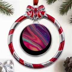 Stars Shimmering Galaxy Ocean Metal Red Ribbon Round Ornament by Ravend