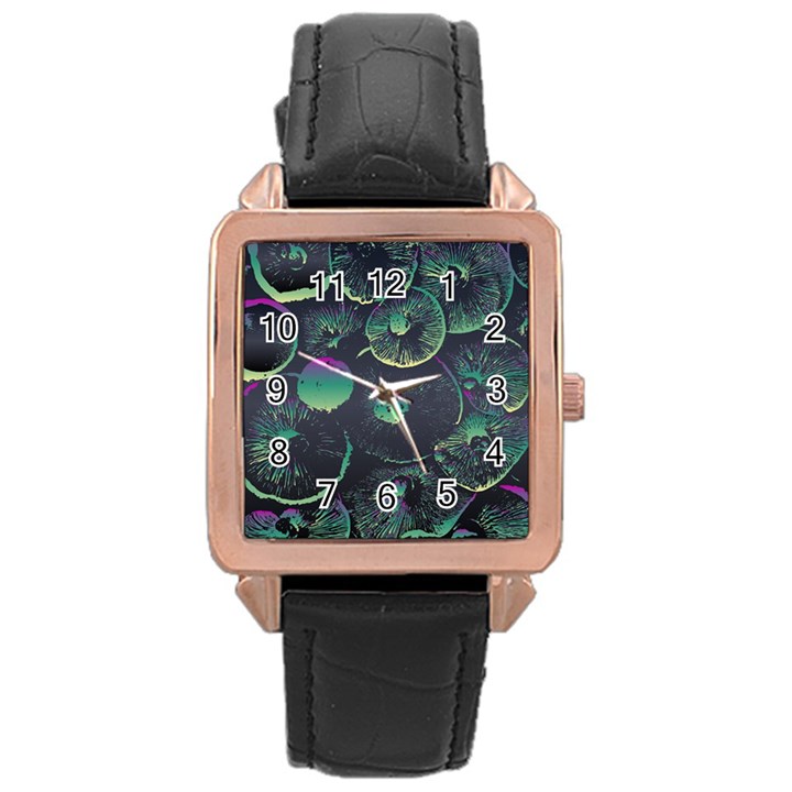 Psychedelic Mushrooms Background Rose Gold Leather Watch 