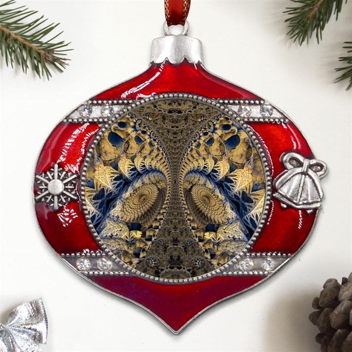 Fractal Spiral Infinite Psychedelic Metal Snowflake And Bell Red Ornament