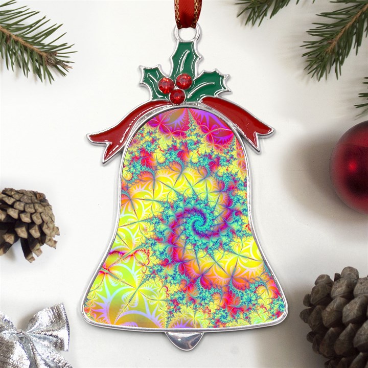 Fractal Spiral Abstract Background Metal Holly Leaf Bell Ornament