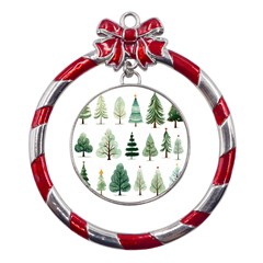 Christmas Trees Metal Red Ribbon Round Ornament by Vaneshop