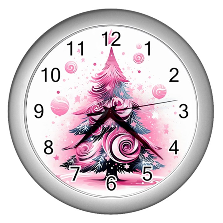 Winter Christmas Snow Xmas Tree Wall Clock (Silver)