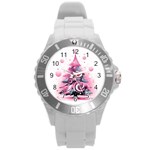 Winter Christmas Snow Xmas Tree Round Plastic Sport Watch (L) Front