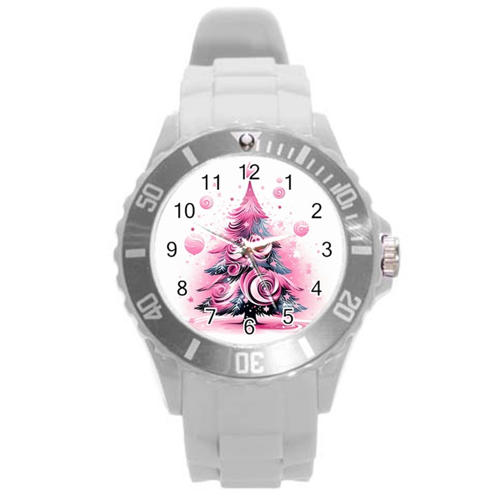 Winter Christmas Snow Xmas Tree Round Plastic Sport Watch (L)