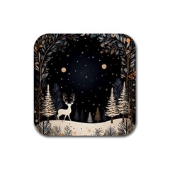 Christmas Winter Xmas Scene Nature Forest Tree Moon Rubber Square Coaster (4 Pack) by Vaneshop