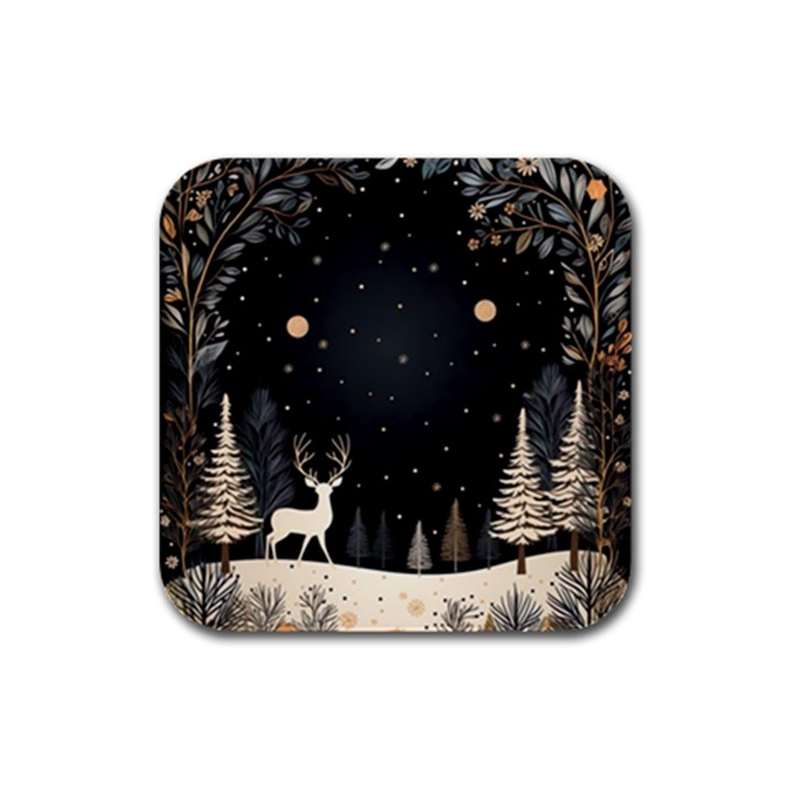 Christmas Winter Xmas Scene Nature Forest Tree Moon Rubber Square Coaster (4 pack)