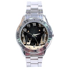 Christmas Winter Xmas Scene Nature Forest Tree Moon Stainless Steel Analogue Watch by Vaneshop