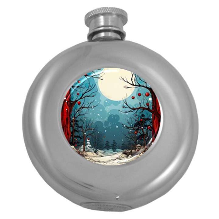 Christmas Frame Border Round Hip Flask (5 oz)