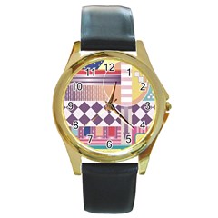 Abstract Shapes Colors Gradient Round Gold Metal Watch by Vaneshop