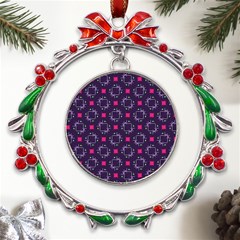 Geometric Pattern Retro Style Background Metal X mas Wreath Ribbon Ornament by Vaneshop