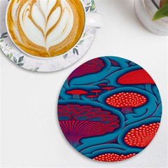 Vintage Ornate Mushroom Leafage Wallpaper Uv Print Round Tile Coaster by Vaneshop