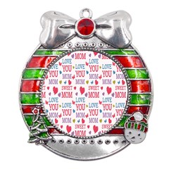 Love Mom Happy Mothers Day I Love Mom Graphic Metal X mas Ribbon With Red Crystal Round Ornament by Vaneshop