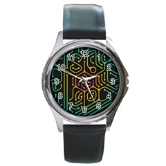 Circuit Hexagonal Geometric Pattern Background Pattern Round Metal Watch by Vaneshop