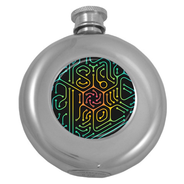 Circuit Hexagonal Geometric Pattern Background Pattern Round Hip Flask (5 oz)