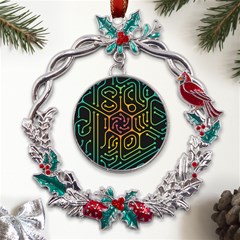 Circuit Hexagonal Geometric Pattern Background Pattern Metal X mas Wreath Holly Leaf Ornament