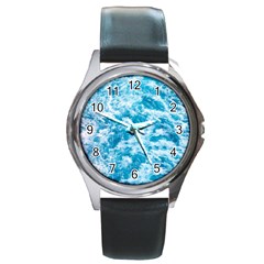 Blue Ocean Wave Texture Round Metal Watch by Jack14