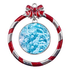 Blue Ocean Wave Texture Metal Red Ribbon Round Ornament by Jack14