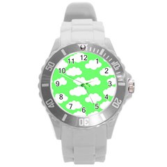 Cute clouds green neon Round Plastic Sport Watch (L)