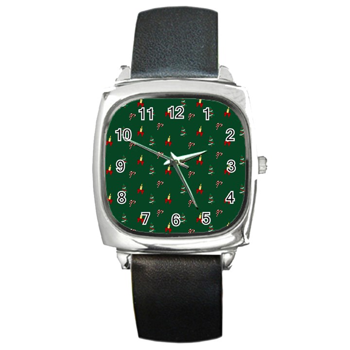 Christmas Green Pattern Background Square Metal Watch