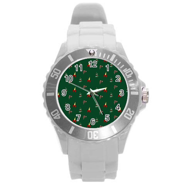 Christmas Green Pattern Background Round Plastic Sport Watch (L)