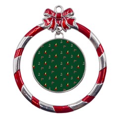 Christmas Green Pattern Background Metal Red Ribbon Round Ornament by Pakjumat