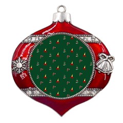 Christmas Green Pattern Background Metal Snowflake And Bell Red Ornament by Pakjumat