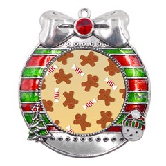 Gingerbread Christmas Time Metal X mas Ribbon With Red Crystal Round Ornament by Pakjumat