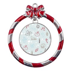 Winter Pattern Background Element Metal Red Ribbon Round Ornament by Pakjumat