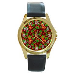 Christmas Wrapping Paper Round Gold Metal Watch by Pakjumat