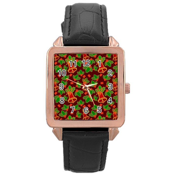 Template Christmas Pattern Rose Gold Leather Watch 