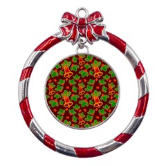 Christmas Pattern Metal Red Ribbon Round Ornament by Pakjumat