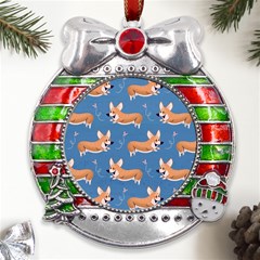 Corgi Patterns Metal X mas Ribbon With Red Crystal Round Ornament by Amaryn4rt