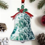 Blue Ocean Waves Metal Holly Leaf Bell Ornament Front