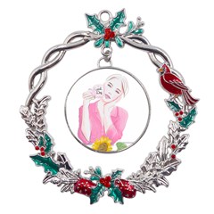 Girl Pink Metal X mas Wreath Holly Leaf Ornament by SychEva