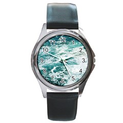 Blue Crashing Ocean Wave Round Metal Watch by Jack14