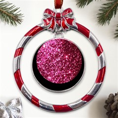 Pink Glitter Metal Red Ribbon Round Ornament by Amaryn4rt