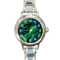 Tropical Green Leaves Background Round Italian Charm Watch by Amaryn4rt