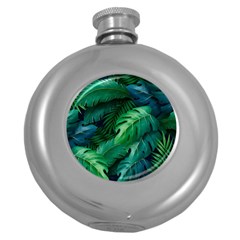 Tropical Green Leaves Background Round Hip Flask (5 Oz) by Amaryn4rt