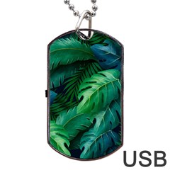 Tropical Green Leaves Background Dog Tag Usb Flash (two Sides) by Amaryn4rt