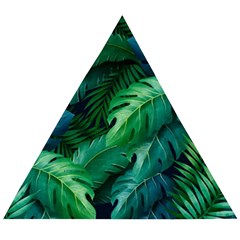 Tropical Green Leaves Background Wooden Puzzle Triangle by Amaryn4rt