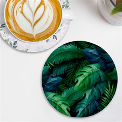 Tropical Green Leaves Background Uv Print Round Tile Coaster by Amaryn4rt