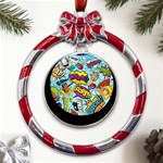 Comic Elements Colorful Seamless Pattern Metal Red Ribbon Round Ornament Front