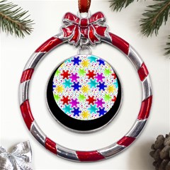 Snowflake Pattern Repeated Metal Red Ribbon Round Ornament by Amaryn4rt